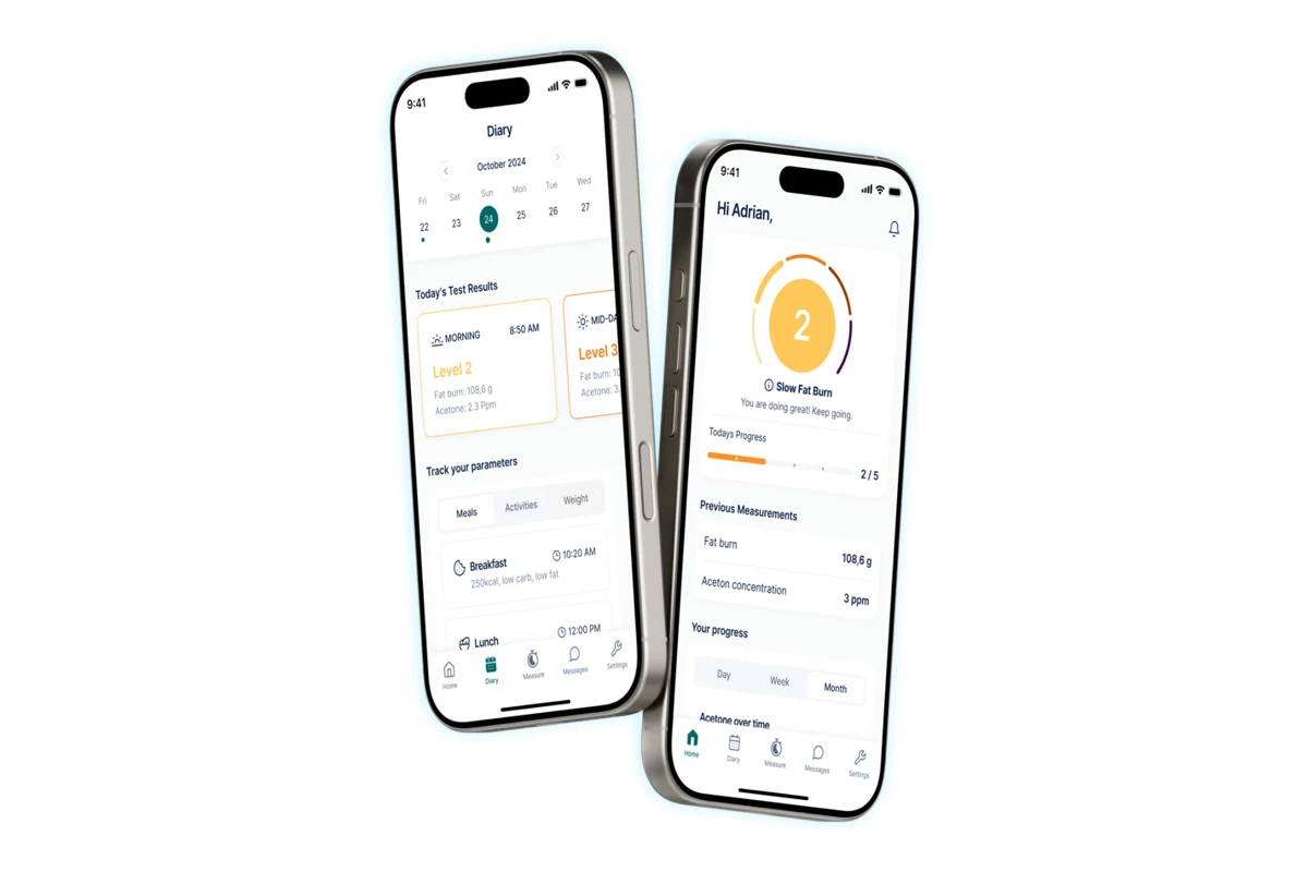 Alivion Core app displaying breath acetone results on two smartphones