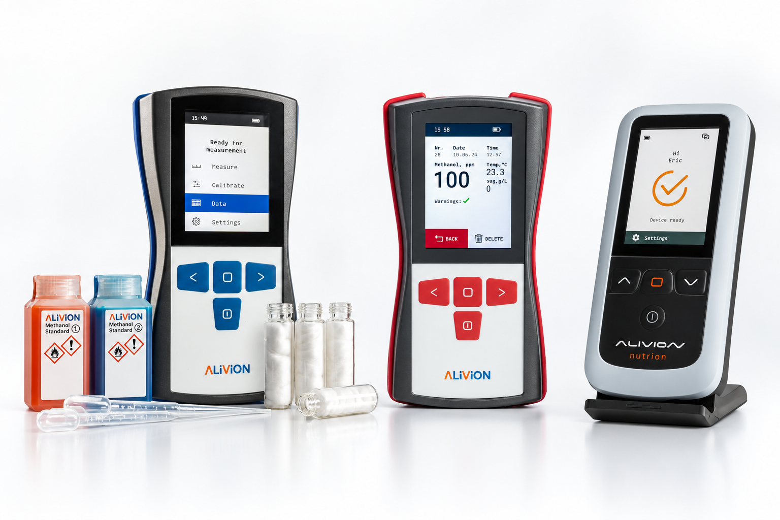 Alivion Spark M-20, Spark M-30 and Nutrion handheld sensing devices arranged together