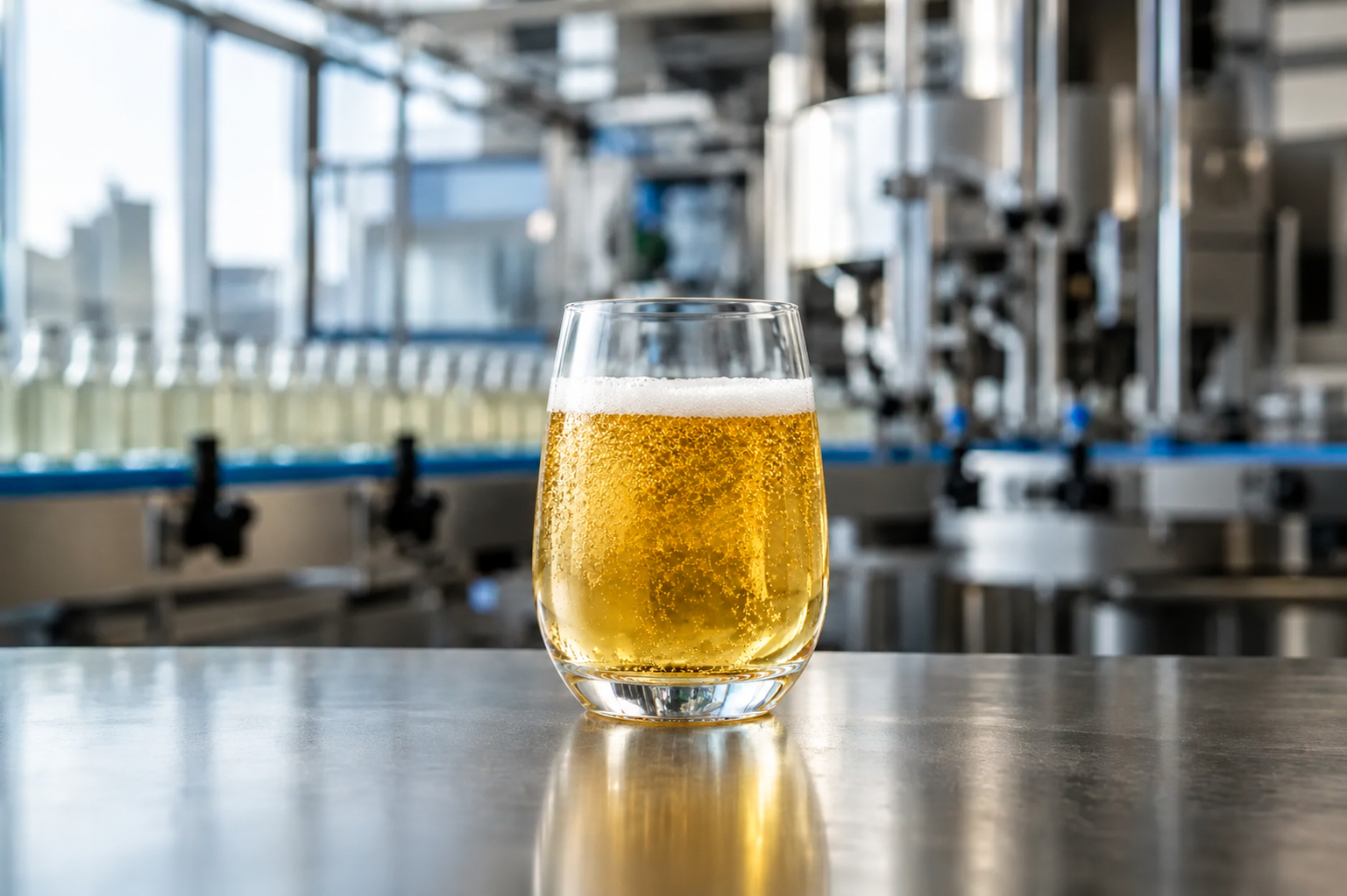 Glass of beer on a stainless-steel counter with a beverage filling line in the background