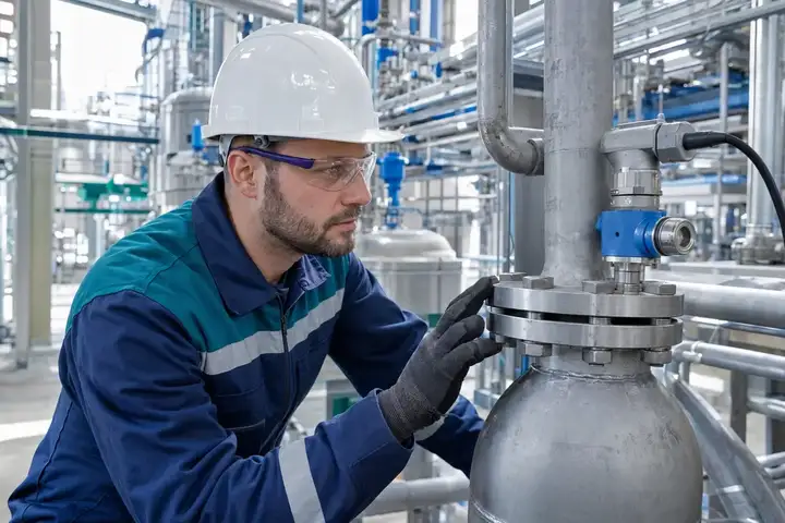 Technician inspecting a monitored pipe connection in a chemical plant